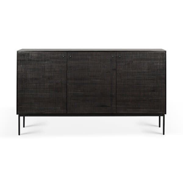 Grooves sideboard - varnished teak - off black - 3 doors, 60 x 18 x 34