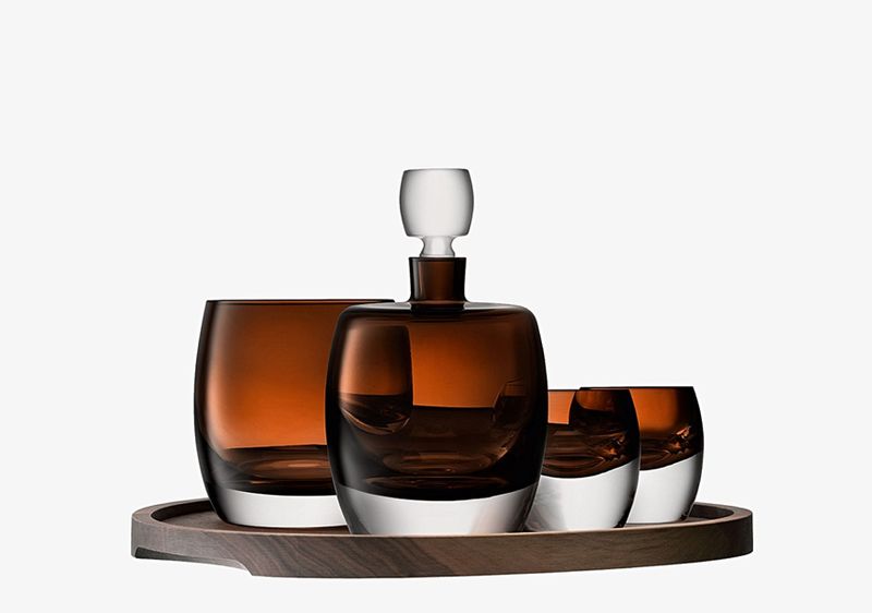 Whisky Club Connoisseur Set Peat Brown &amp; Walnut/Cork Serving Tray *
