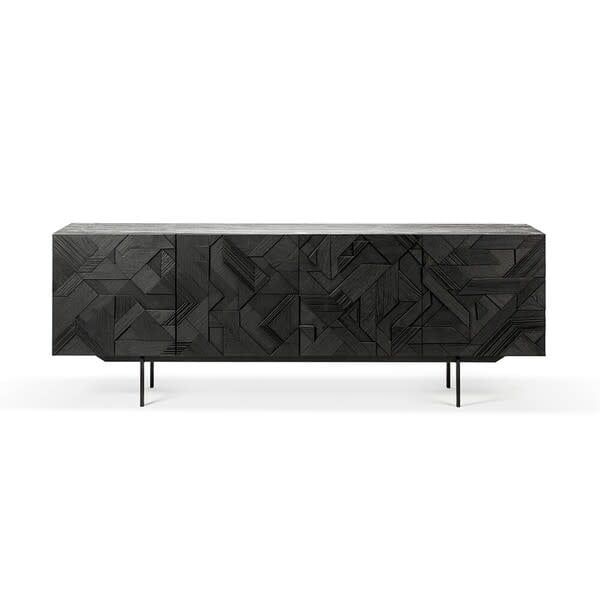 Graphic sideboard - varnished teak - black - 4 doors, 88 x 18 x 31