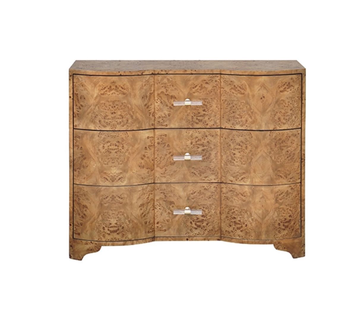 PLYMOUTH DBW THREE DRAWER CHEST IN DARK BURL WOOD W/ ACRYLIC HARDWARE