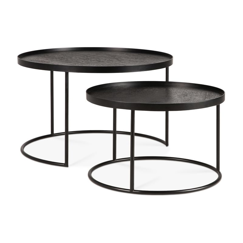 Tray coffee table set - varnished wood - black - round - S/L - trays not included, 24.5 x 24.5 x 15 / 19.5 x 19.5 x 12