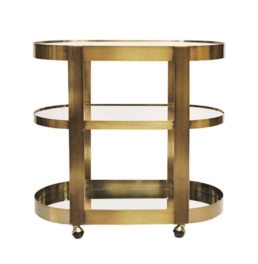 HUGH ABR THREE TIER BAR CART W/ INSET MIRROR IN ANTIQUE BRASS