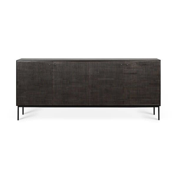 Grooves sideboard - varnished teak - off black - 4 doors, 80 x 18 x 34