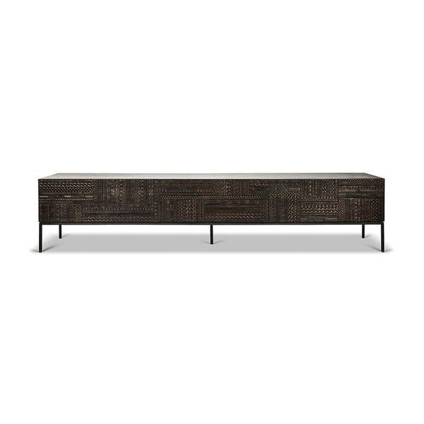 Tabwa TV cupboard - varnished teak - off black - 1 flip-down door - 2 drawers, 94.5 x 17.5 x 20