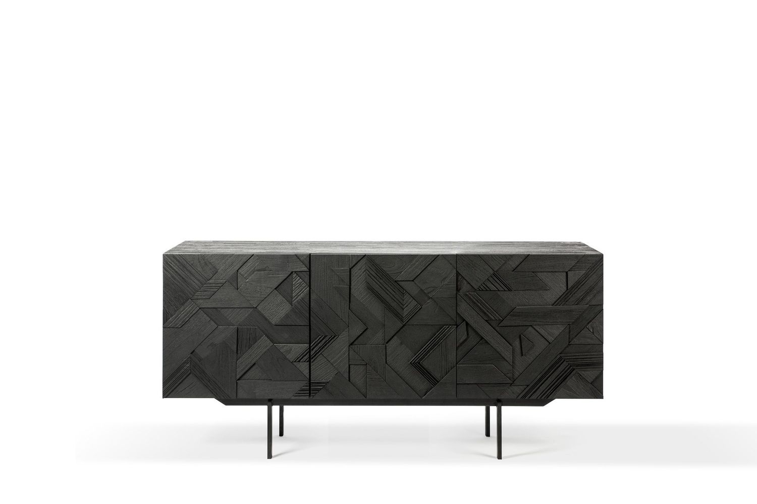 Graphic sideboard - varnished teak - black - 3 doors, 66 x 18 x 31