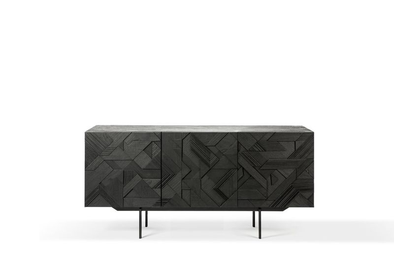 Graphic sideboard - varnished teak - black - 3 doors, 66 x 18 x 31
