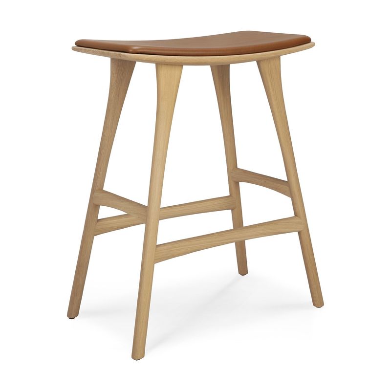Osso counter stool - varnished oak - Cognac leather, 22.5 x 13 x 27
