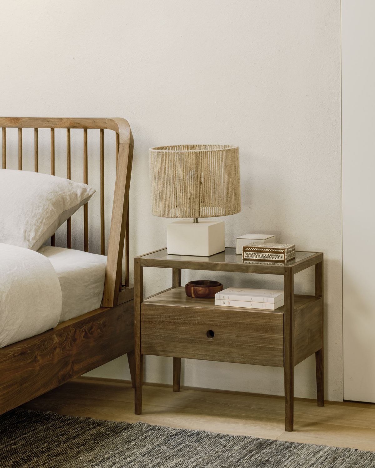 Spindle bedside table - reclaimed teak - 1 drawer, 21.5 x 14 x 20.5