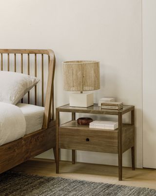 Spindle bedside table - reclaimed teak - 1 drawer, 21.5 x 14 x 20.5