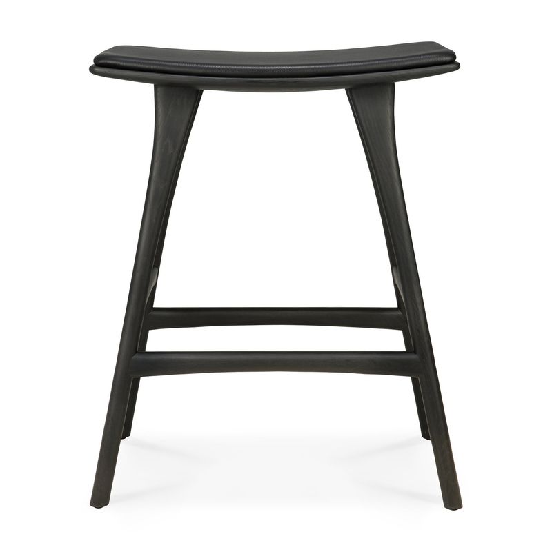 Osso counter stool - varnished oak - black - Black leather, 22.5 x 13 x 27