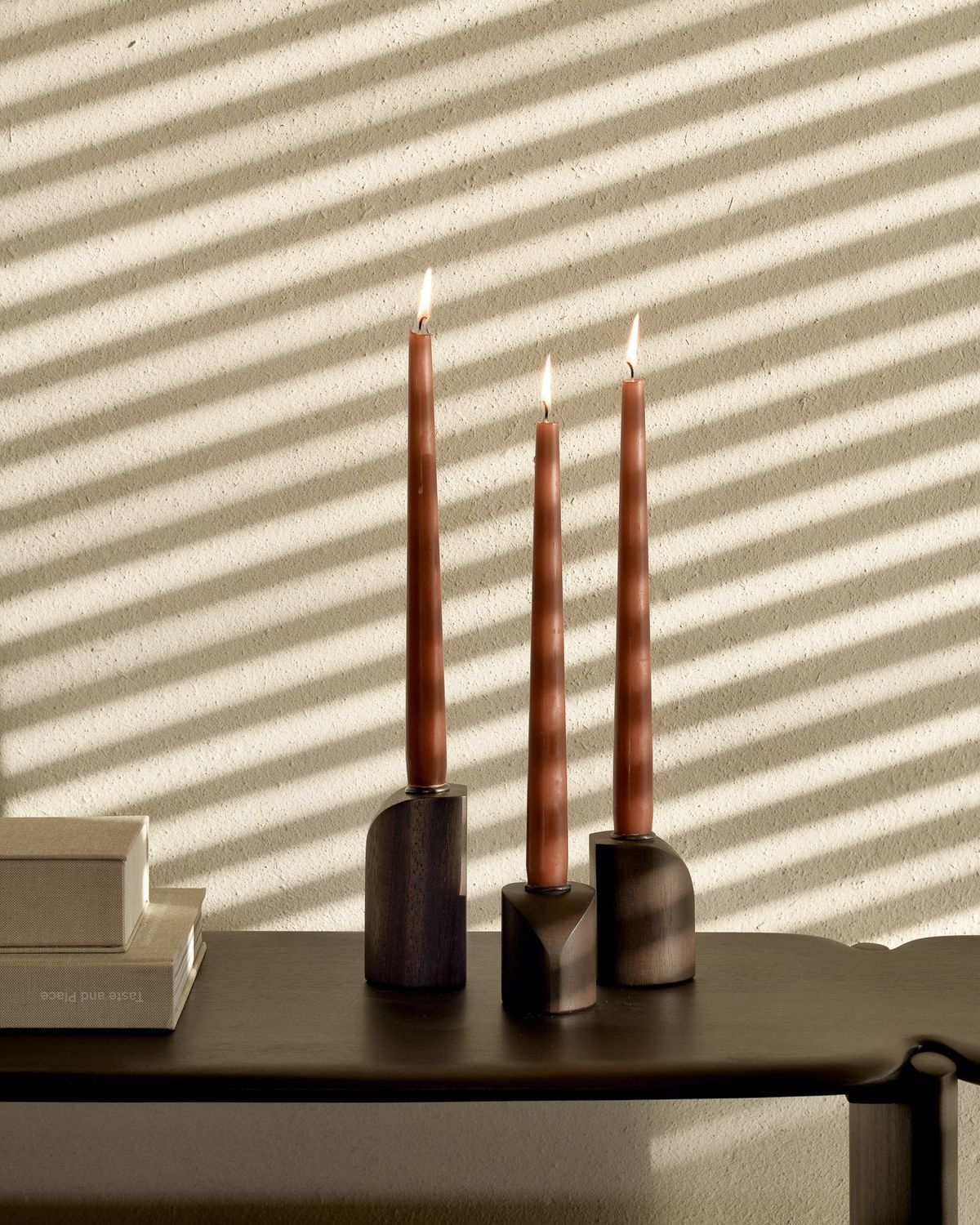 PI candle holders - varnished mahogany - dark brown - set of 3, 2.5 x 2.5 x 4.5 / 2.5 x 2.5 x 3.5 / 2.5 x 2.5 x 3