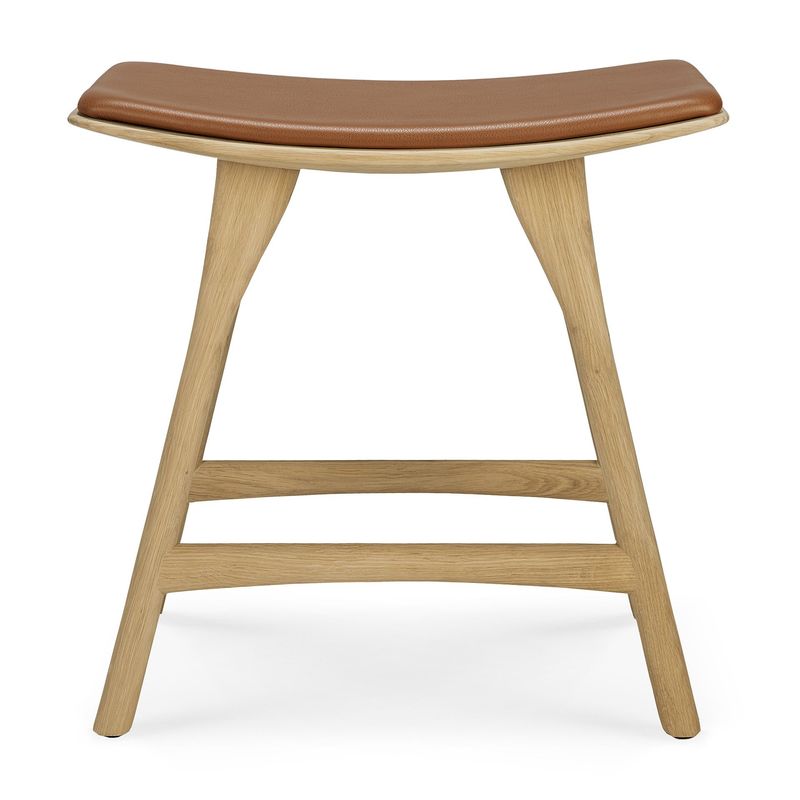 Osso stool - varnished oak - Cognac leather, 19.5 x 13 x 20