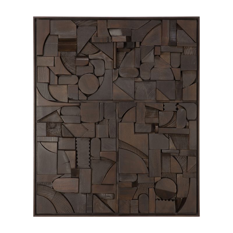 Bricks wall art - varnished wood - dark brown - wooden frame - rectangular, 23.5 x 1.5 x 19.5