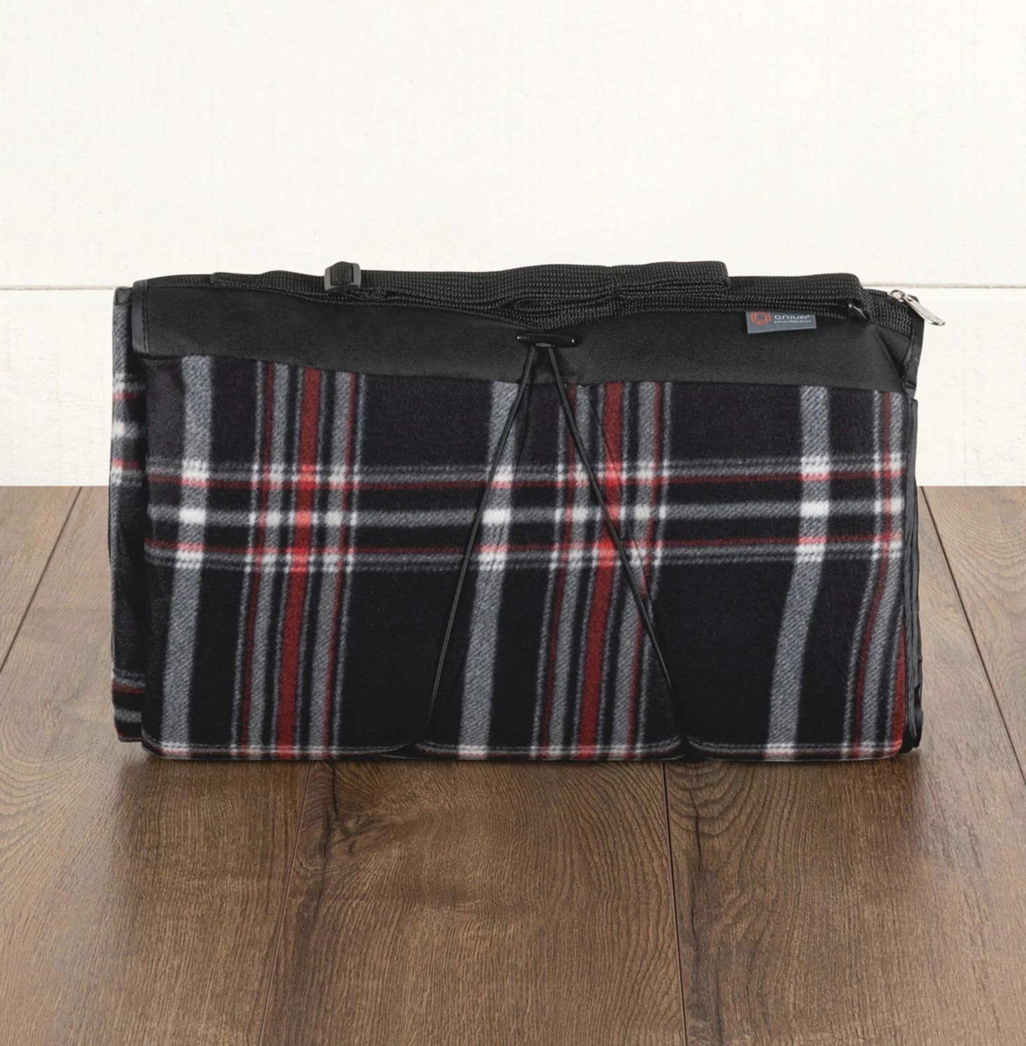 Blanket Tote Outdoor Picnic Blanket, Color: Black Tartan and Black