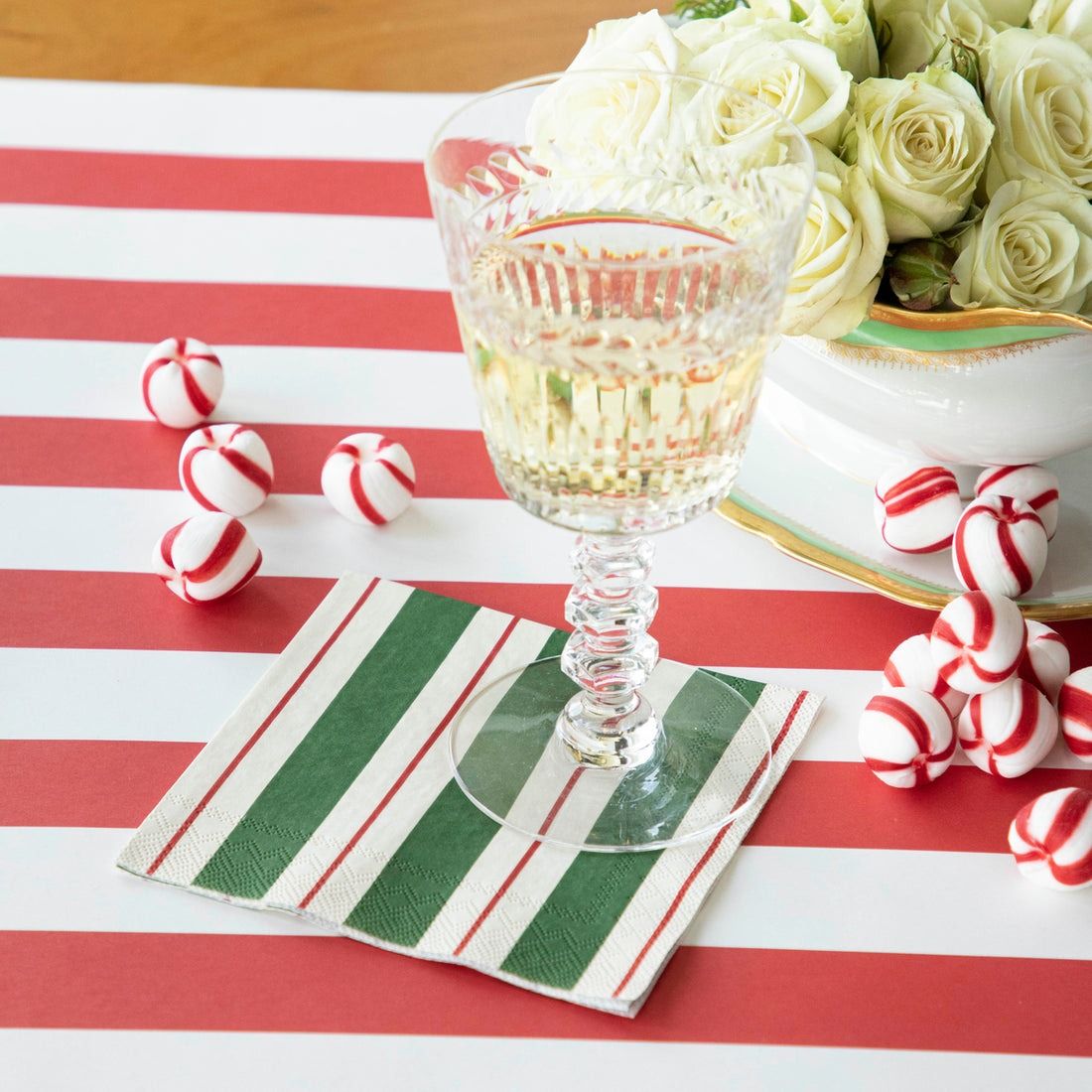 Green &amp; Red Awning Stripe Cocktail Napkin