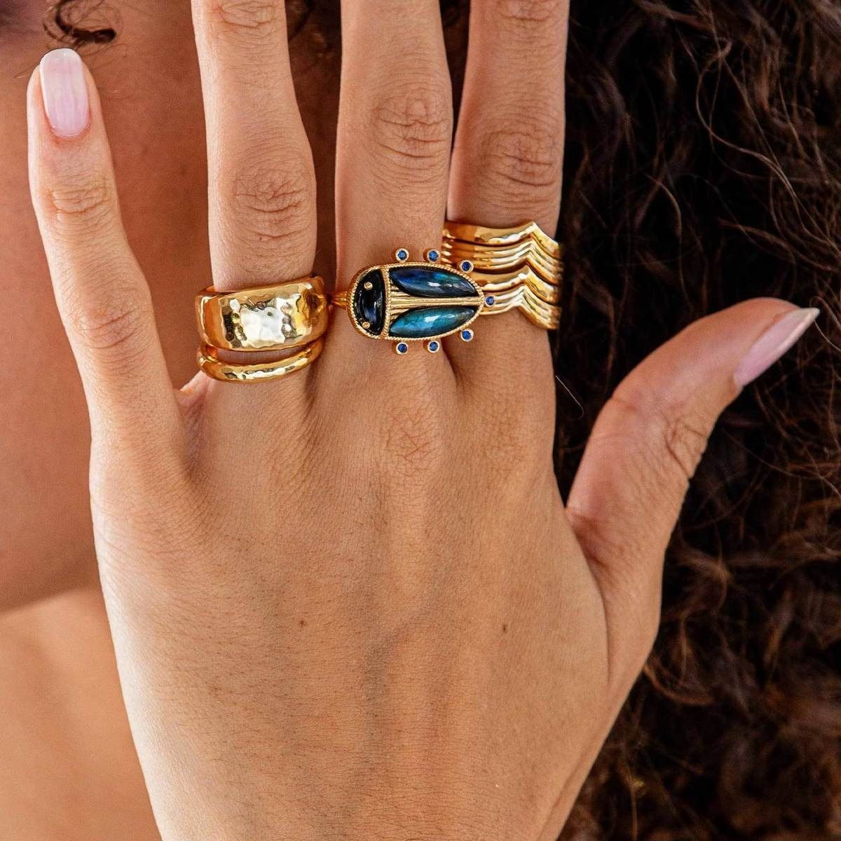 Scarab Ring, Size 7 - Blue Labradorite/Black Agate