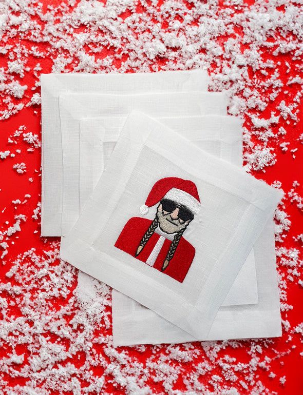 Santa Willie Nelson Embroidered Cocktail Napkins, Set of 4
