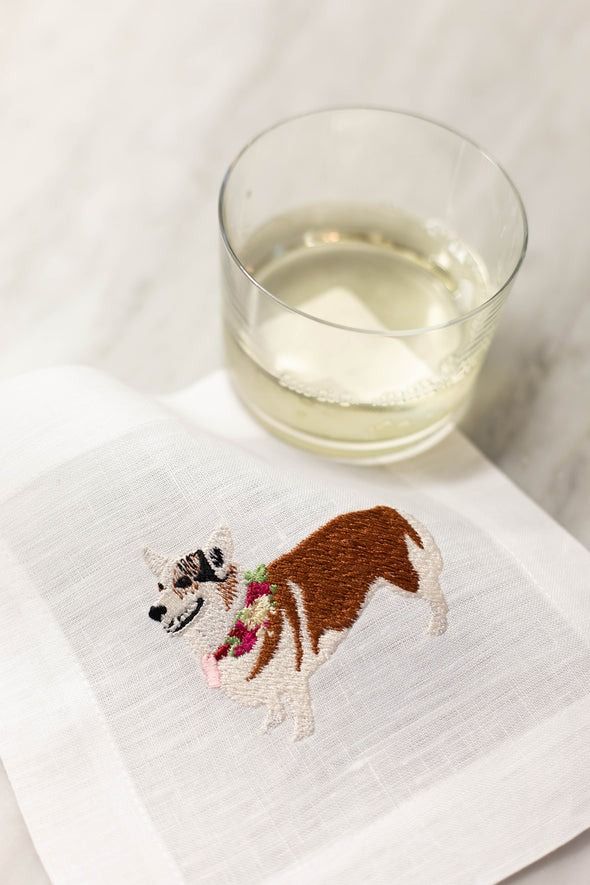 Corgi Embroidered Cocktail Napkins, Set of 4