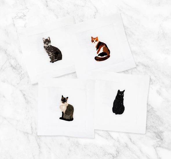 Cat Combo Set Embroidered Cocktail Napkins, Set of 4