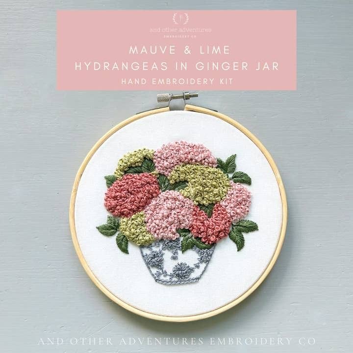 Hand Embroidery Kit - Mauve &amp; Lime Hydrangeas in Ginger Jar