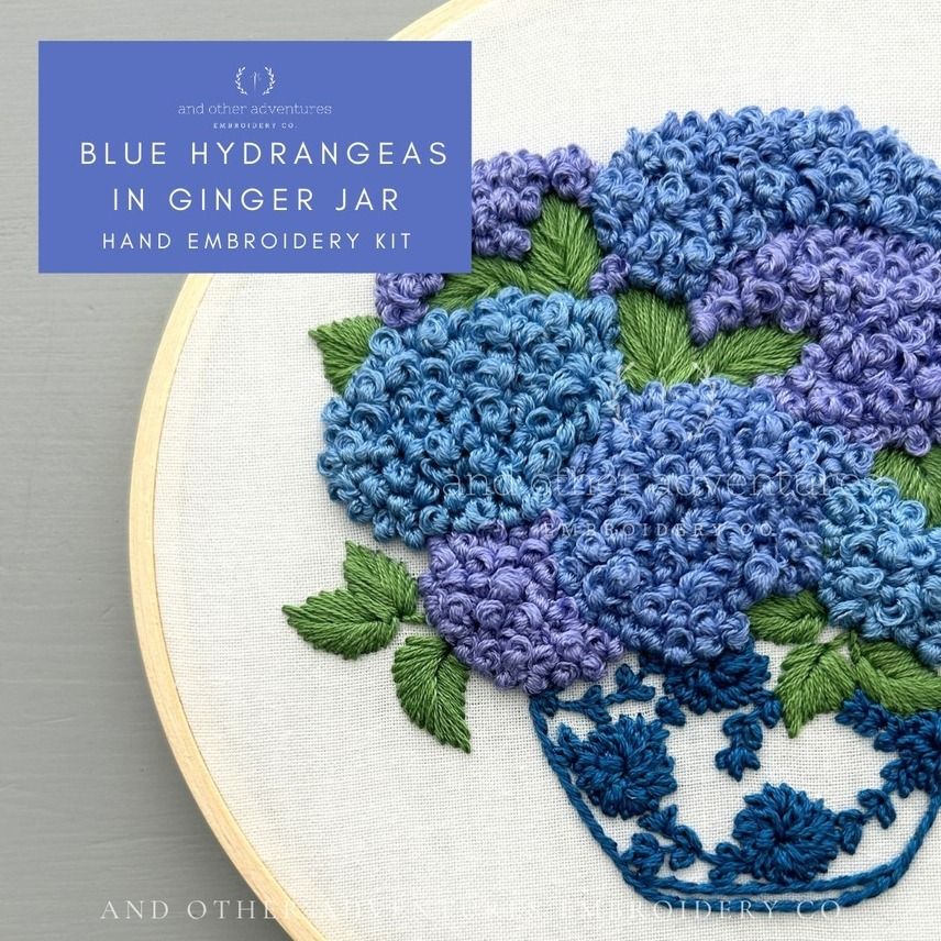 Hand Embroidery Kit - Blue Hydrangeas in Ginger Jar