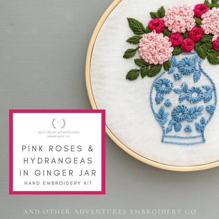 Hand Embroidery Kit - Pink Roses + Hydrangeas in Ginger Jar