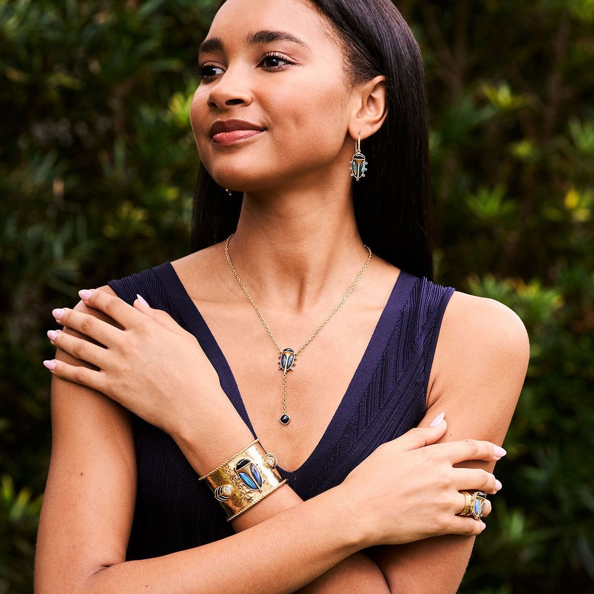 Scarab Drop Earrings - Blue Labradorite/Mop