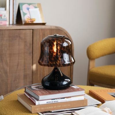 Enameled Metal Table Lamp Hand-Blown Tortoise Glass Shade