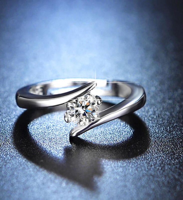 Silver Plated Crystal Studded Anti Tarnish Contemporary Solitaire Adjustable Finger Ring