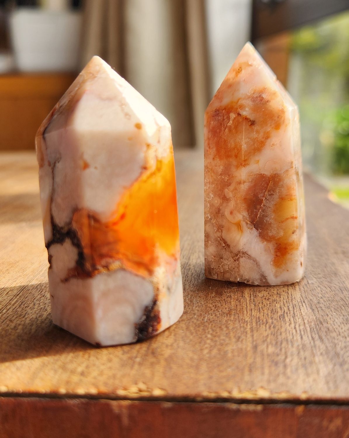 Carnelian Flower Agate Obelisks
