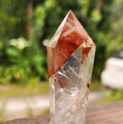 Red Flower Clear Quartz Obelisk