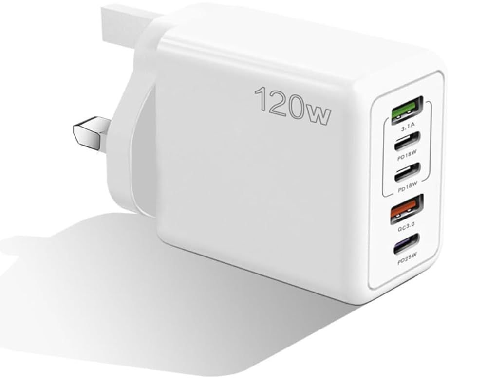 5 Port USB Type C Charger, 120W, Fast Charge, 2 USB, 3 Type-C, UK Plug, for iPhone, Samsung, Google, and Other Phones