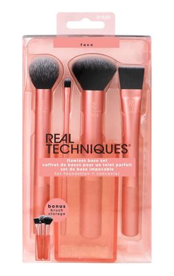 RT, Real Techniques Flawless Base Brush Set With Ultra Plush Custom Cut Synthetic Bristles Extended Aluminum Ferrules to Build Coverage for Every Makeup Application Need, Orange, 5 PCs, Perfect 🎁