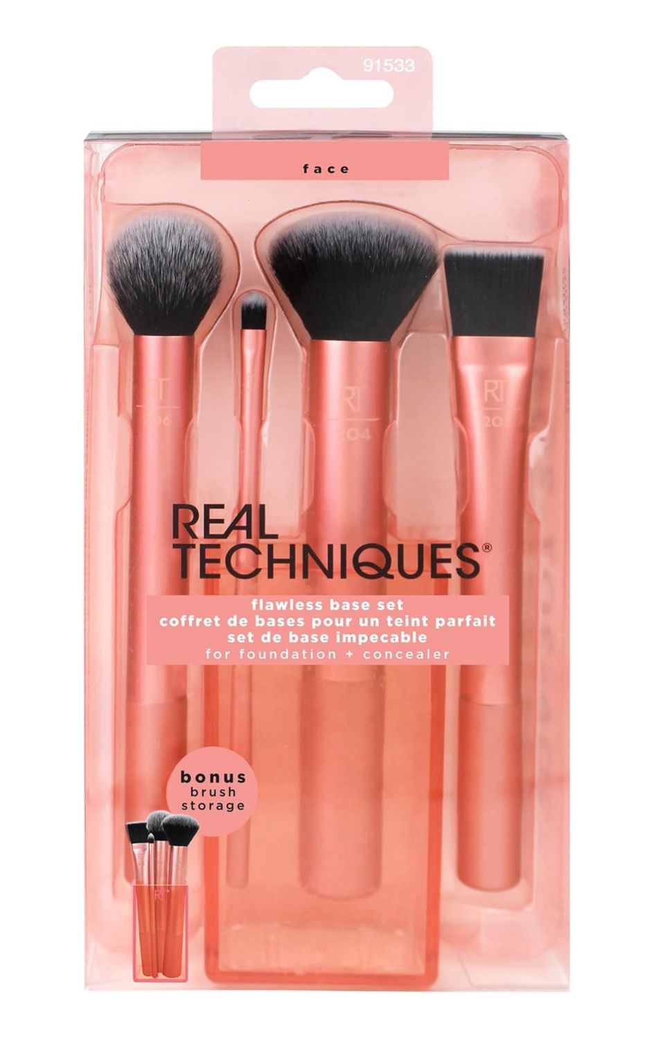 RT, Real Techniques Flawless Base Brush Set With Ultra Plush Custom Cut Synthetic Bristles Extended Aluminum Ferrules to Build Coverage for Every Makeup Application Need, Orange, 5 PCs, Perfect 🎁