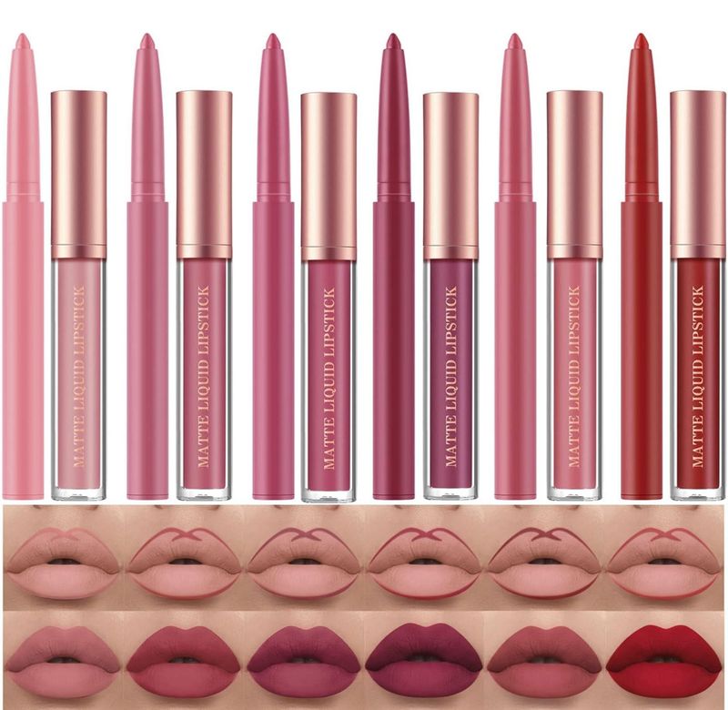 BestLand Matte Liquid Lipstick + Lip Liner Pen Set, One Step Lips Makeup Sets Pigment Velvety Nude Lip Stain Waterproof Long Wear Lip Gloss Make up.