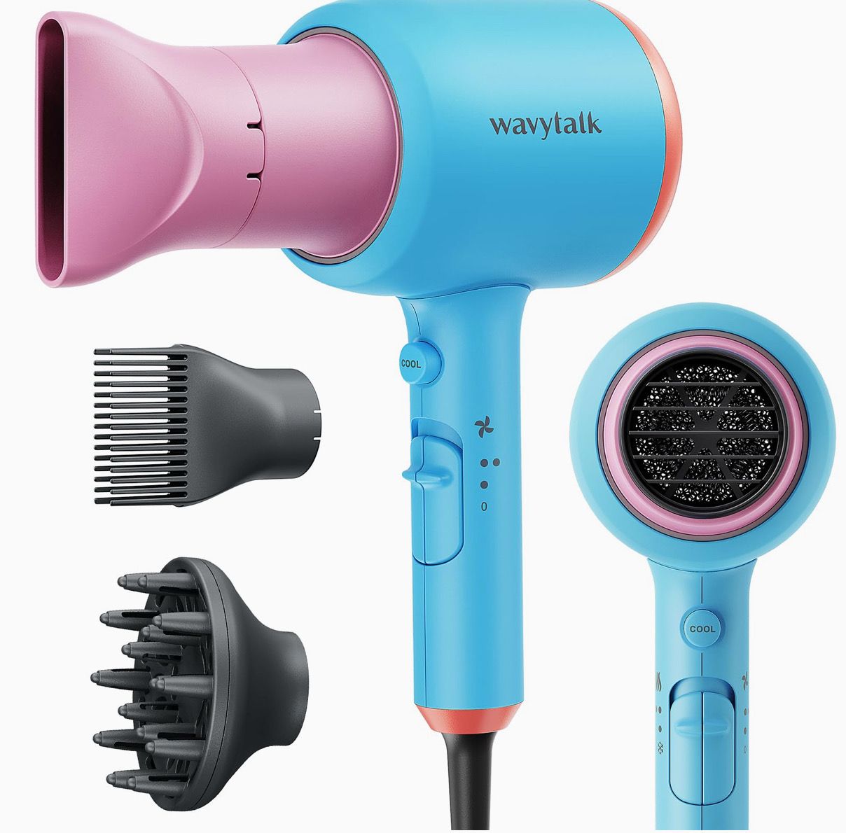 Wavytalk Hair Dryer Blow Dryer with Diffuser Nozzle Comb • Concentrator Negative Ions Fast Drying Light • Quiet with Ceramic Technology Professional 1875 Watt for All Hair Types • High Quality