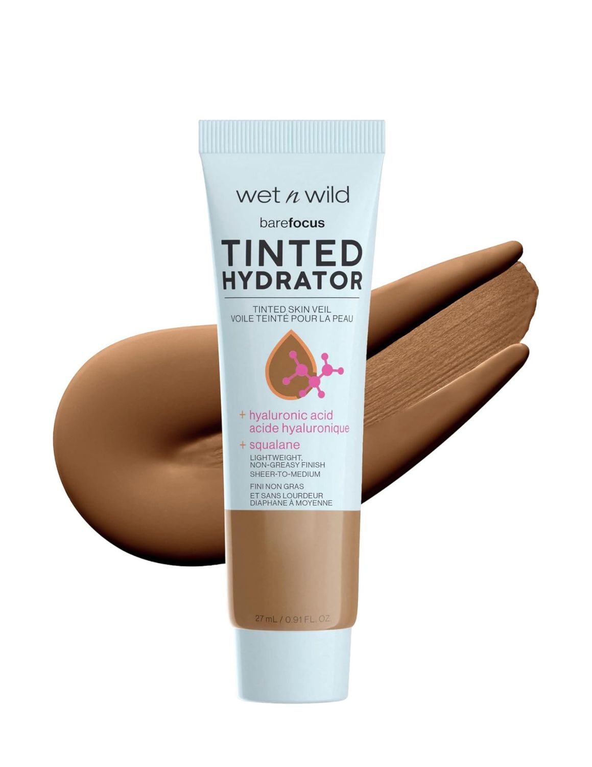 wet n wild Bare Focus Tinted Hydrator Matte Finish, Deep | Oil-Free | Moisturizing Makeup | Hyaluronic Acid | Sheer To Medium Coverage, 0.91 fl. oz / 27mL