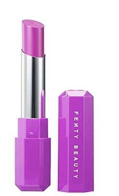 FENTY BEAUTY, Alpha Doll Poutsicle Juicy Satin Lipstick 0.1 oz. bright, medium-dark lavender purple with warm undertones and a cream finish.