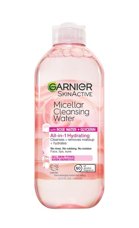 Garnier New Micellar Water with Rose Water and Glycerin, Hydrating Facial Cleanser &amp; Makeup Remover, For All Skin Types, Vegan, Cruelty Free, 13.5 Fl Oz / 400mL