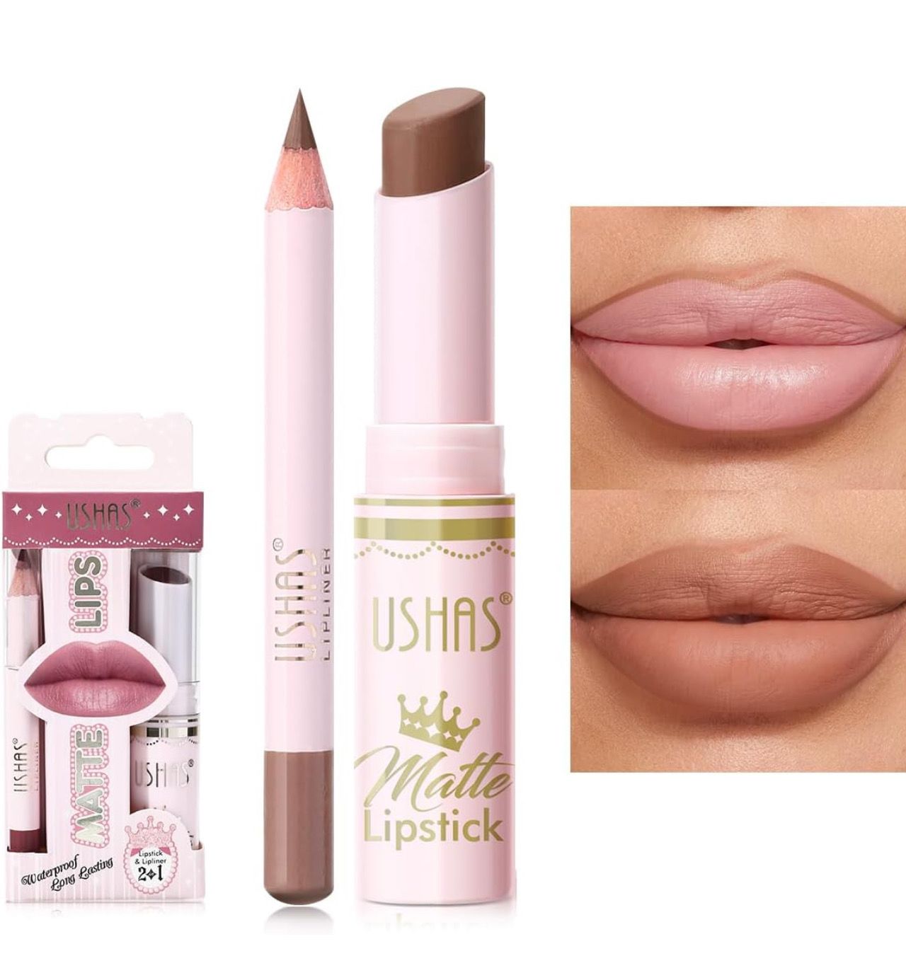USHAS Lipstick and Lip Liner Combo Set 2 in 1 Waterproof Lipstick for Women Lip liner Set Long Lasting Lipstick, Matte Lipstick Pen with Lip Liner Set Makeup Kits
