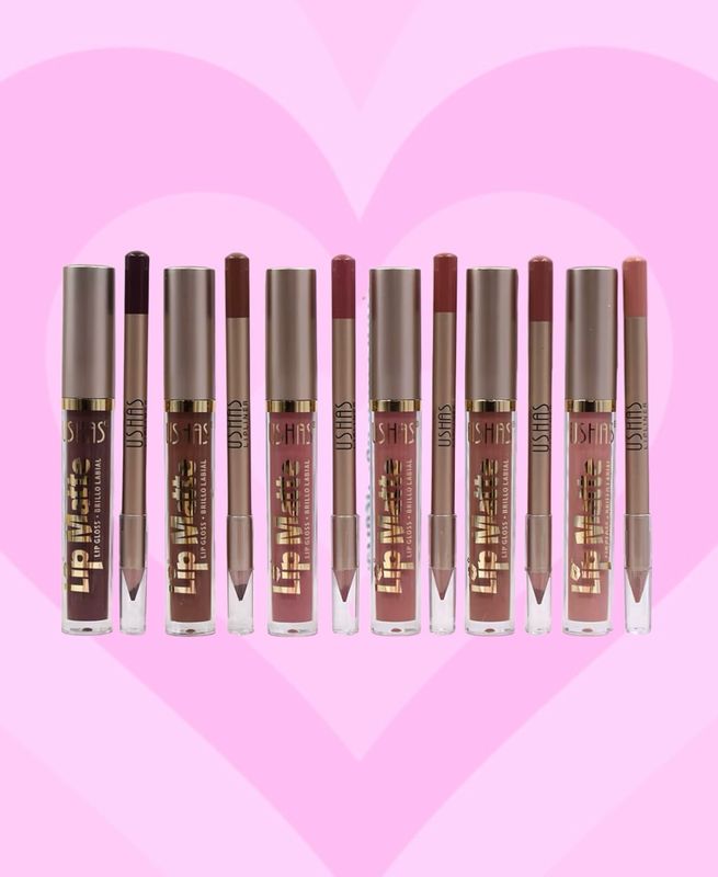 USHAS Women Simple Non-Stick Cup Long-Lasting Lip Glaze Lip Liner Ushas Lipliner and Lipgloss Beautiful Makeup Set with different shades