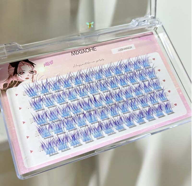 Eyelashes Extensions Blue/Purple 60pcs in 1 Box 10 12 14mm, Lashes Extension Fluffy Cluster False Natural Soft Eyelashes Segmented Eyelashes, Fish Tail Style