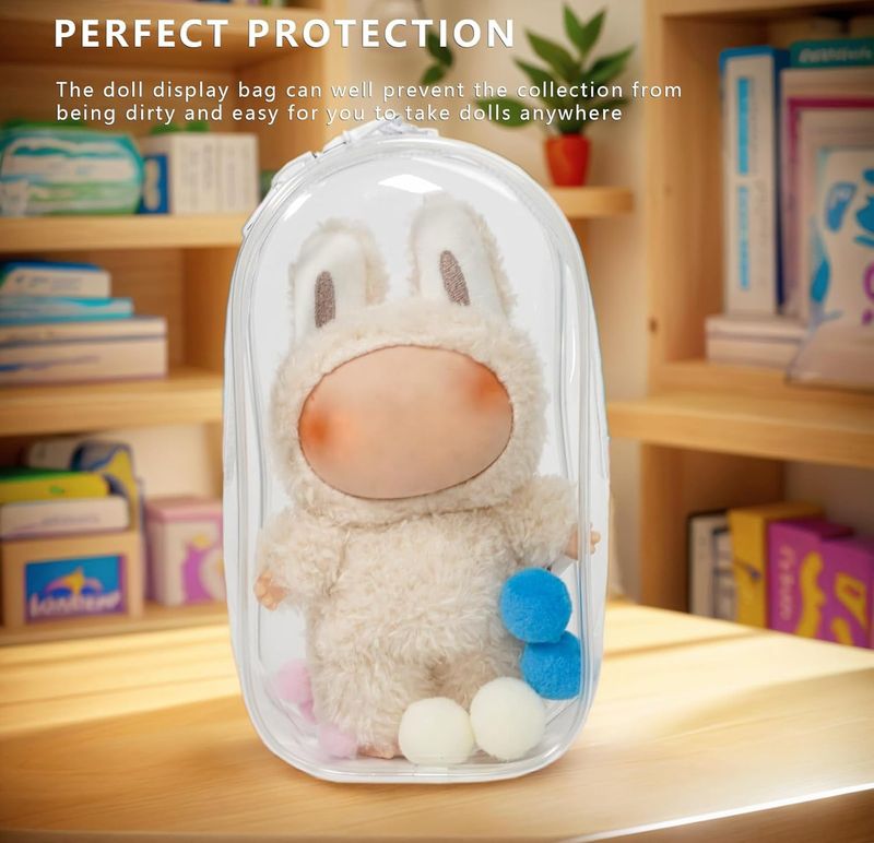 Clear Display &amp; Storage Case for 17cm Doll – PVC Bag with Detachable Keychain for Collectible Toys, Portable cases for Travel or Home Decor (7 Inches) For Labubu’s Series V1, V2, V3, CO, CO2