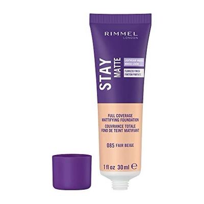 Rimmel Stay Matte Foundation, Full Coverage Mattifying Foundation • 085 Fair Beige • 1 Fluid Ounce • 30 mL