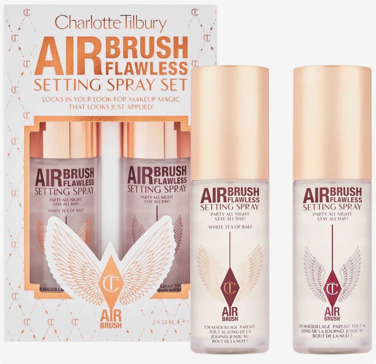 Charlotte Tilbury Airbrush Flawless Setting Spray - Ultra-Fine Hydrating Mist to Prime &amp; Set Face Makeup For Up to 16Hr - Soothes, Blurs Pores &amp; Calms Skin Set Of 34mL X 2 / Special Offer ‼️