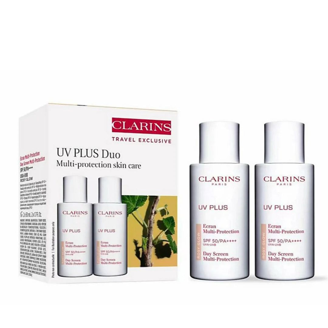 Clarins UV Plus Anti-Pollution Antioxidant Face Sunscreen SPF50/PA++++, 50mL X 2, Rosy Glow, Multi Protection, For All Skin Types - Fully Absorbs Prevents Water Loss Protects Against Dehydration
