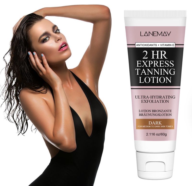 Lanemay 2 HR Express Tanning Lotion is a self-tanning product designed for medium to dark skin tones, featuring an antioxidant-rich formula with Vitamin E for ultra-hydrating exfoliation, 60 mL
