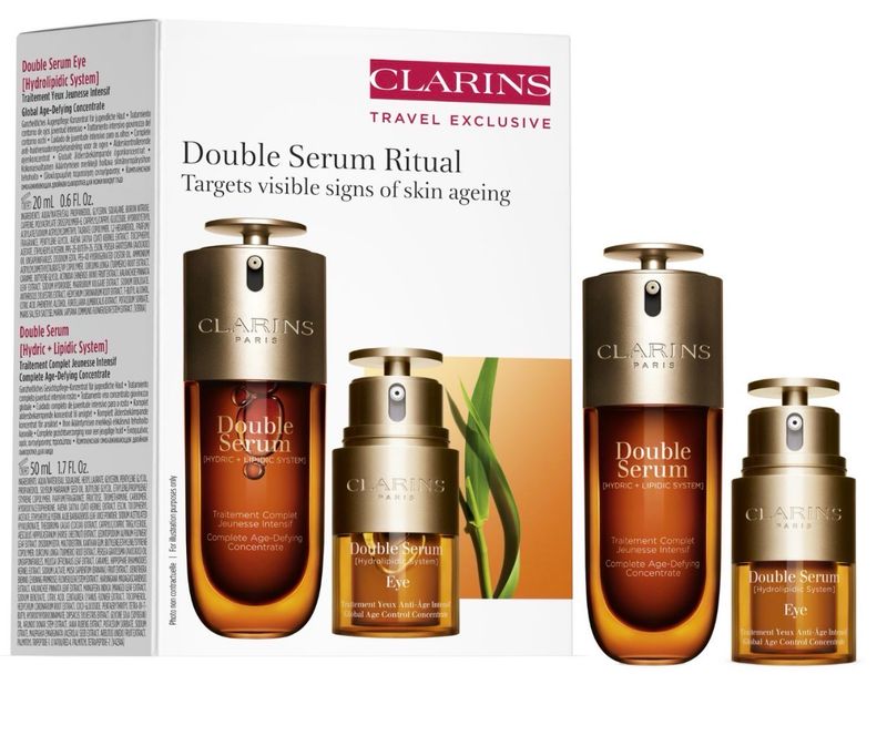 Clarins "Travel Exclusive" set featuring two products: Clarins Double Serum Complete Age-Defying Concentrate 50mL &amp; Clarins Double Serum Eye 20mL - PROMO PRICE ‼️