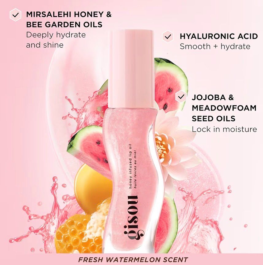 Gisou Honey Infused Lip Oil – Hydrating &amp; Glossy Lip Oil with Mirsalehi Honey &amp; Jojoba Seed Oil, Non-Sticky Shine, Watermelon Sugar, 0.27 Fl Oz