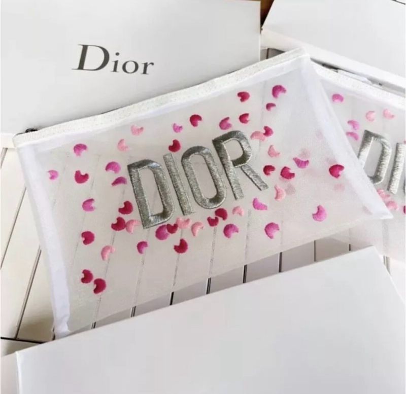 Dior Mesh Embroidered Floral Pouch Makeup Bag • White Silver Pink • 22cm x 14cm •